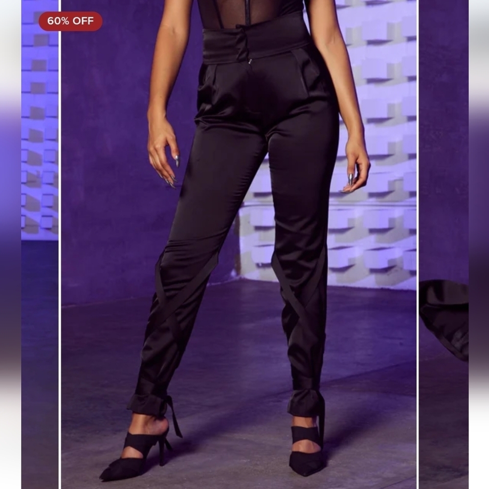 Fashion Luxe Paislee Tied Leg Trousers Black Satin Pleated High-rise Size Small